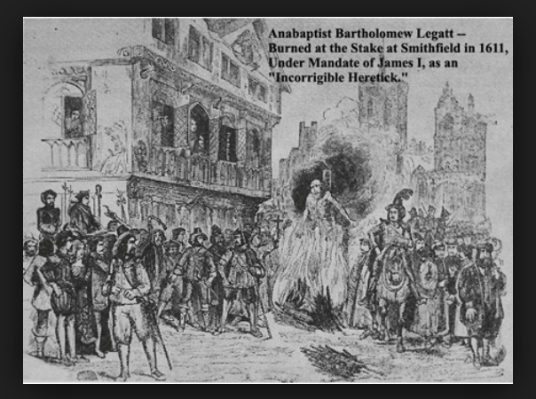 A depiction of Bartholomew Legate being burnt at the stake