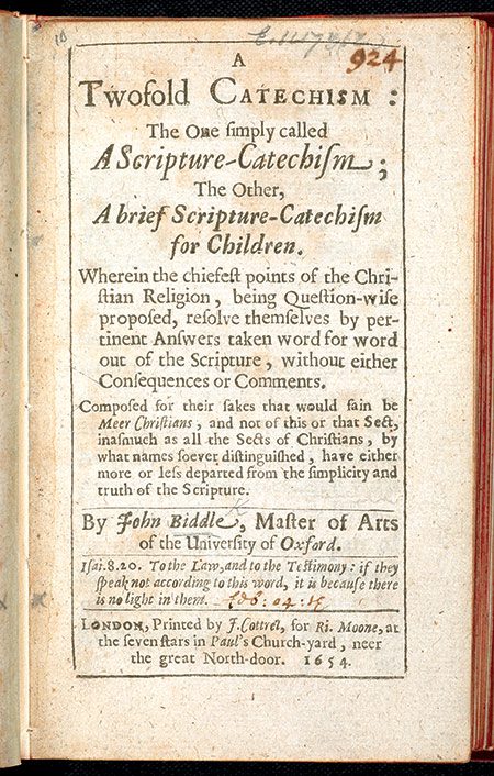 The cover of John Biddle's Twofold Scripture Catechism (1654)